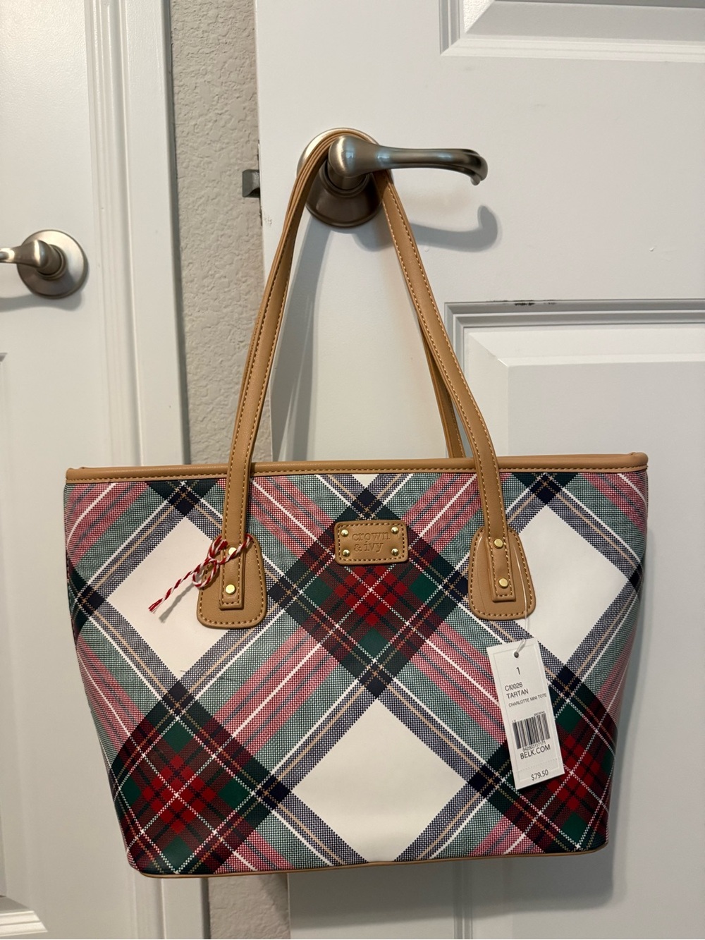 crown & ivy Multi-Color Plaid Tote with Tan Trim